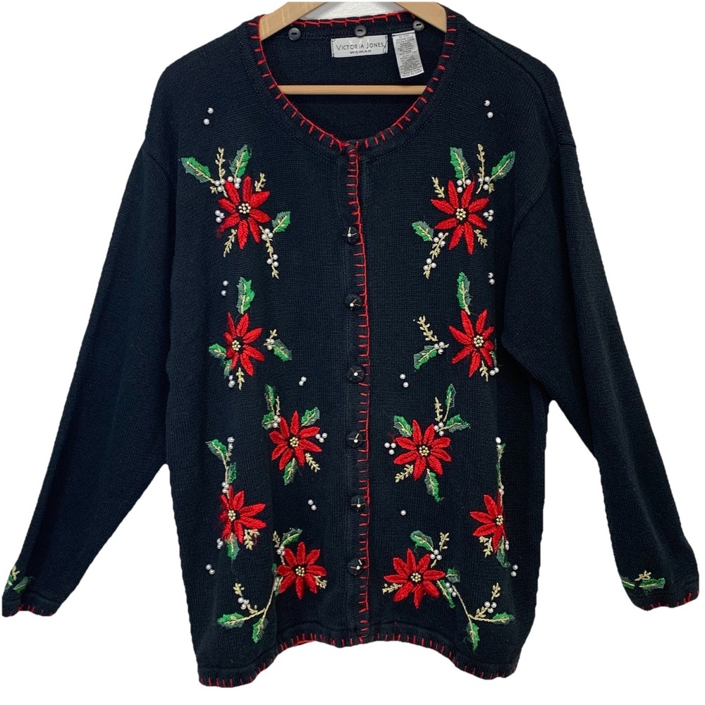 Victoria Jones Woman Black Poinsettia Christmas Cardigan Embroidered 1X Buttons